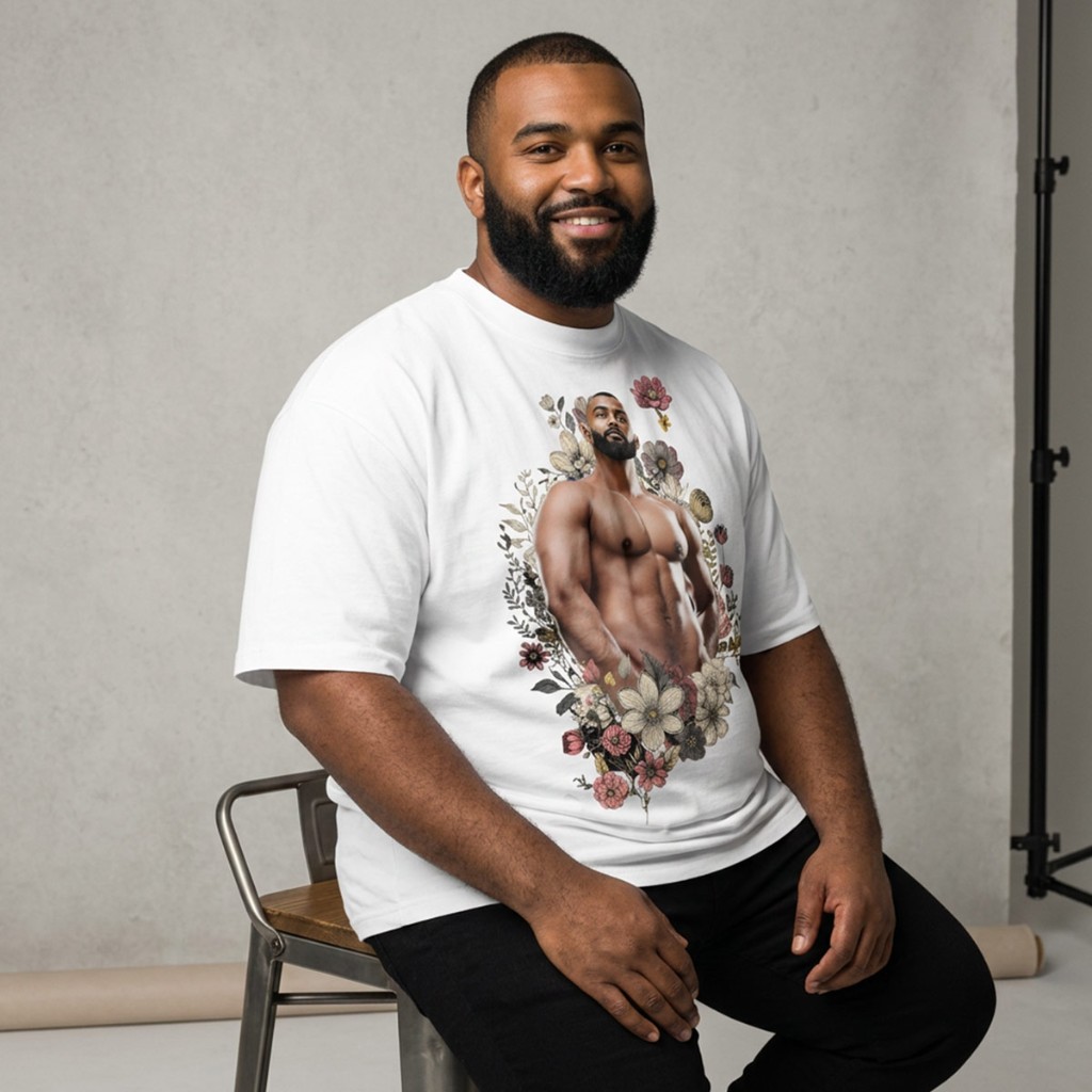 Model wearing white Himbo Anthony muscle shirt seated in studio — botanical illustration chest print